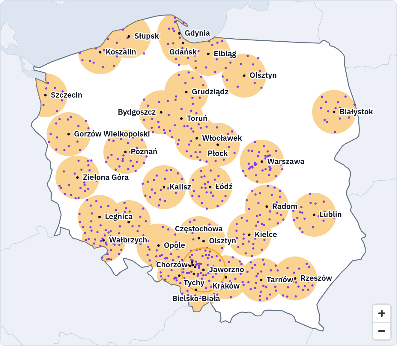 Mapa Polski w trakcie rundy: wokół wpisanych miast zamalowane bursztynowe koła, obok nazwy miejscowości